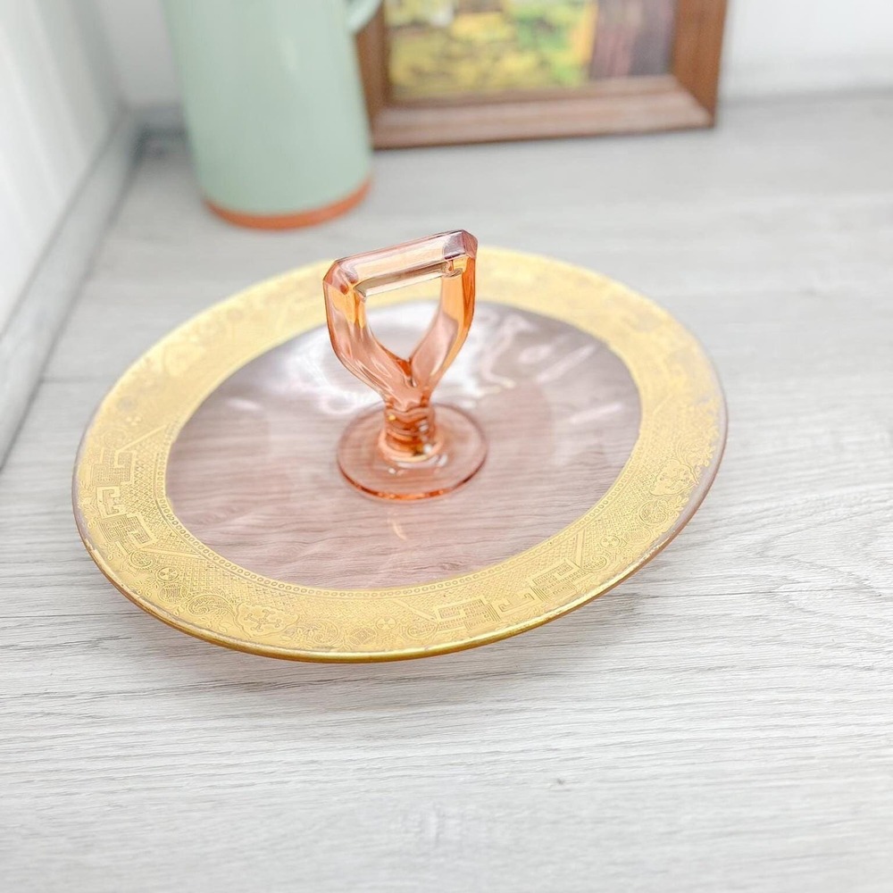 Vintage Pink Depression Glass Serving Tray – Gold Trim, Oval Handle